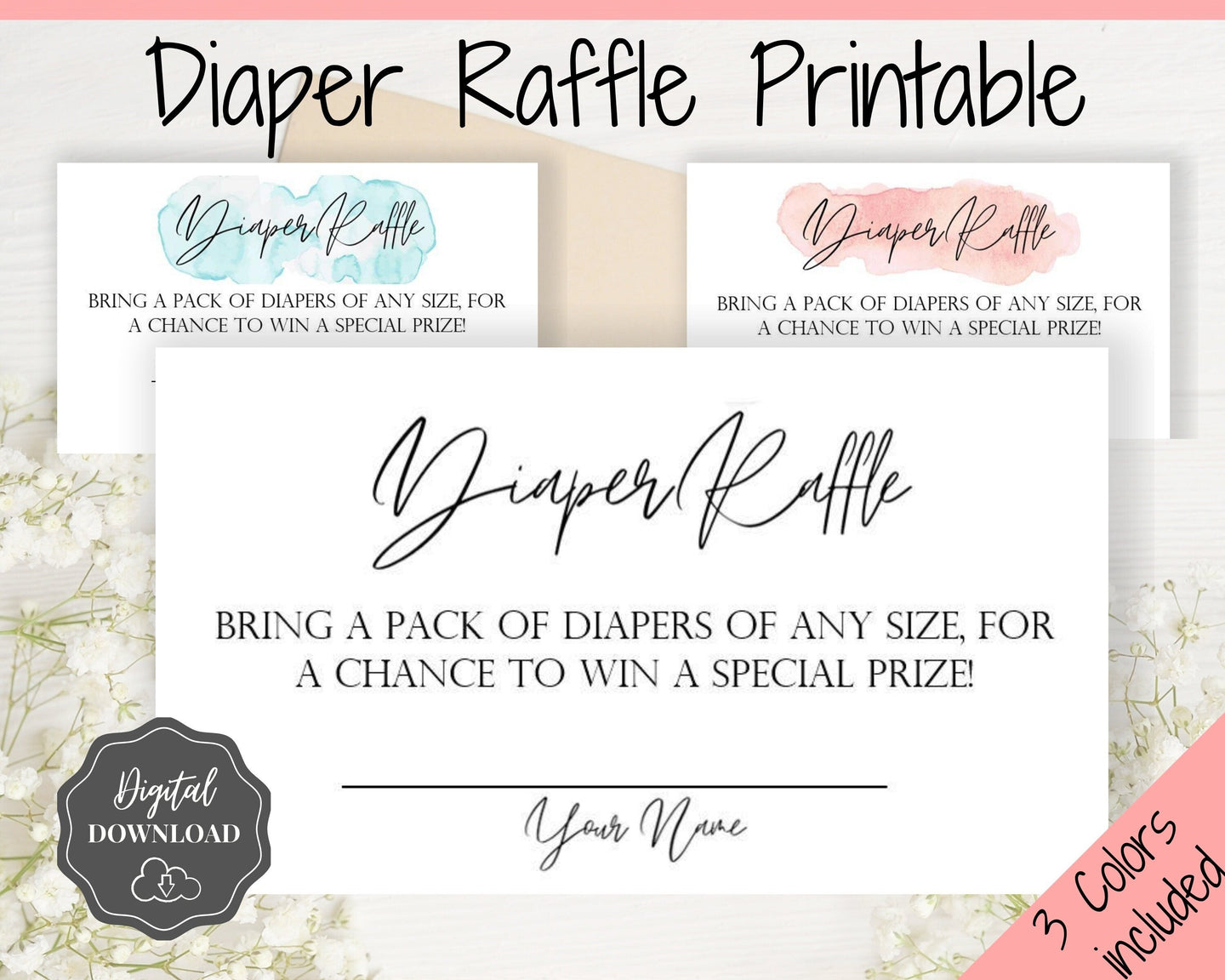 Diaper Raffle Sign, Diaper Raffle Ticket, Diaper Raffle Card, DIY Diaper Raffle, Baby Shower Games, Favors, Pink, Blue, Printable Kit