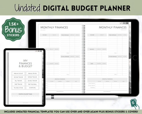 Digital Budget Planner, UNDATED Finance Planner, Paycheck, Expenses Tracker, Debt, Bills, GoodNotes Digital Journal Notebook, iPad, Stickers | Mono