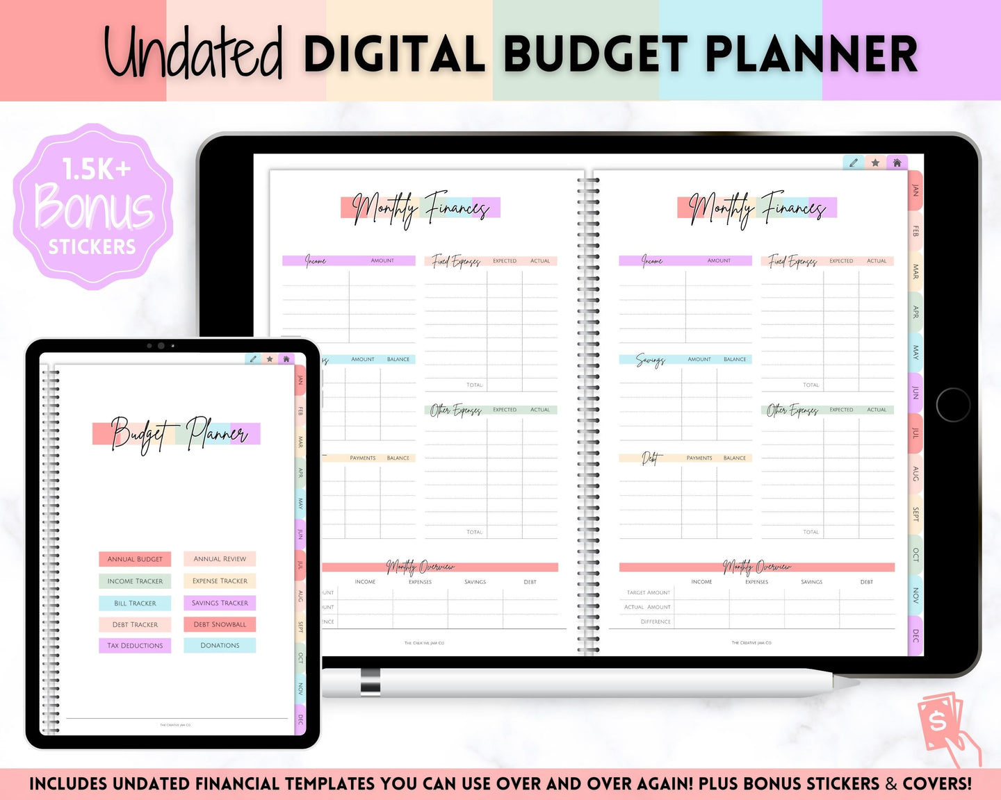 Digital Budget Planner, UNDATED Finance Planner, Paycheck, Expenses Tracker, Debt, Bills, GoodNotes Digital Journal Notebook, iPad, Stickers | Pastel Rainbow