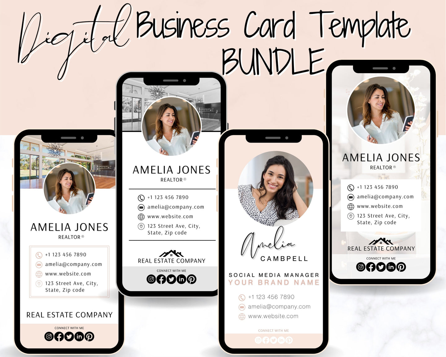 Digital Business Card Template BUNDLE! DIY logo & photo! Editable Canva Design. Modern, Realtor Marketing, Real Estate, Realty Professional | Pink