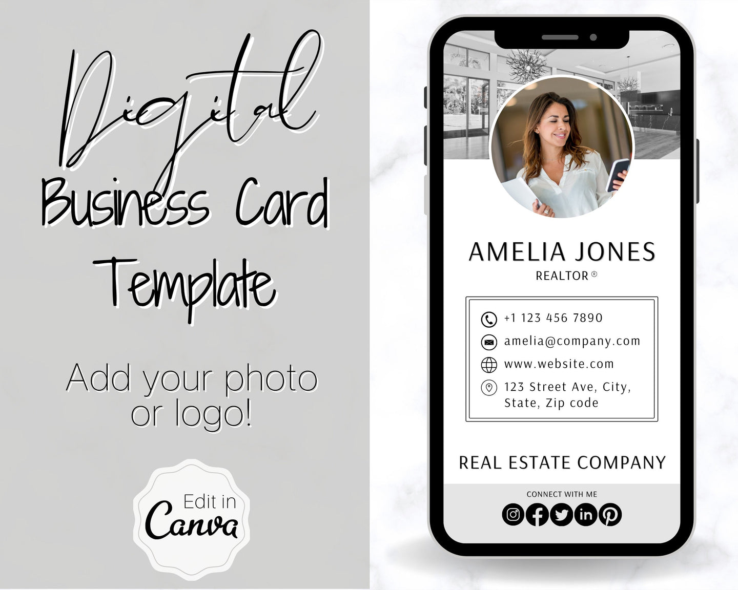 Digital Business Card Template. DIY add logo & photo! Editable Canva Design. Modern, Realtor Marketing, Real Estate, Realty Professional | Mono Style 1