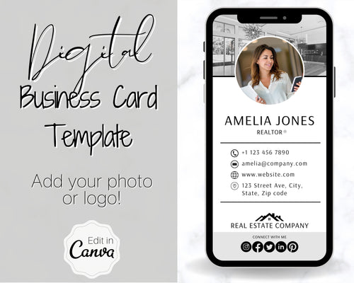 Digital Business Card Template. DIY add logo & photo! Editable Canva Design. Modern, Realtor Marketing, Real Estate, Realty Professional | Mono Style 2