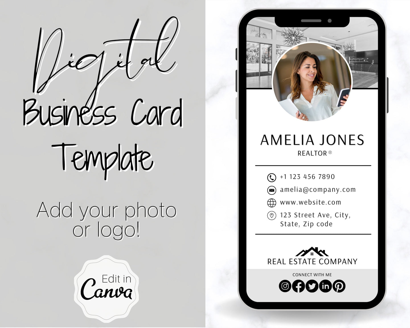 Digital Business Card Template. DIY add logo & photo! Editable Canva Design. Modern, Realtor Marketing, Real Estate, Realty Professional | Mono Style 2