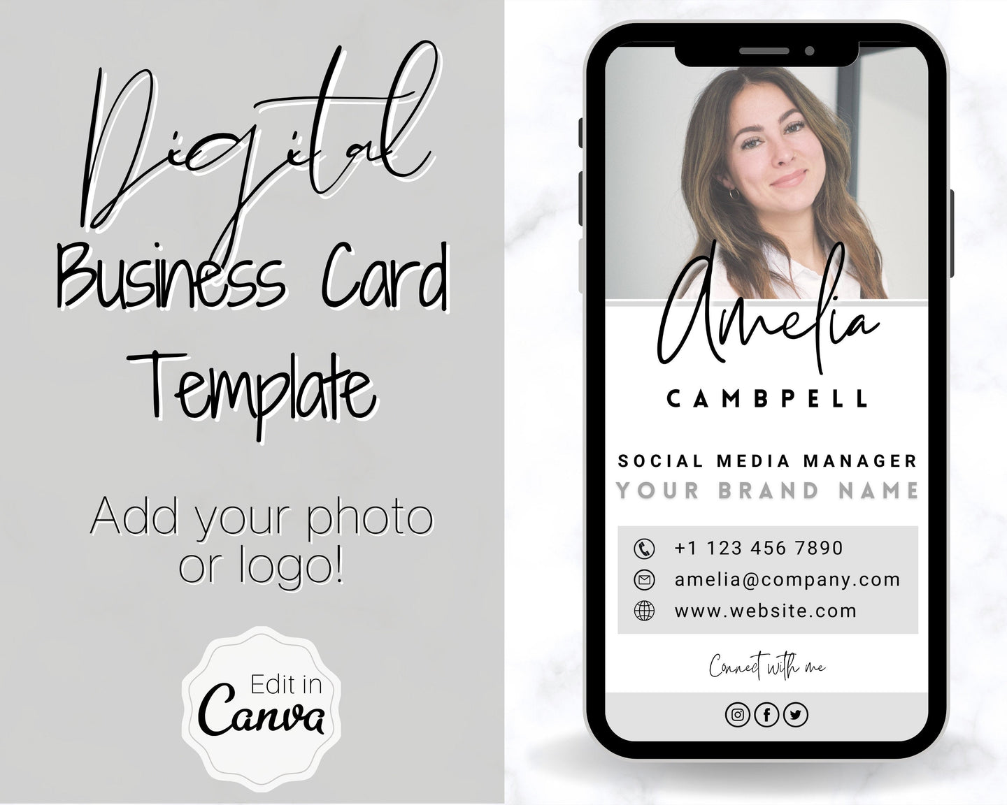 Digital Business Card Template. DIY add logo & photo! Editable Canva Design. Modern, Realtor Marketing, Real Estate, Realty Professional | Mono Style 3