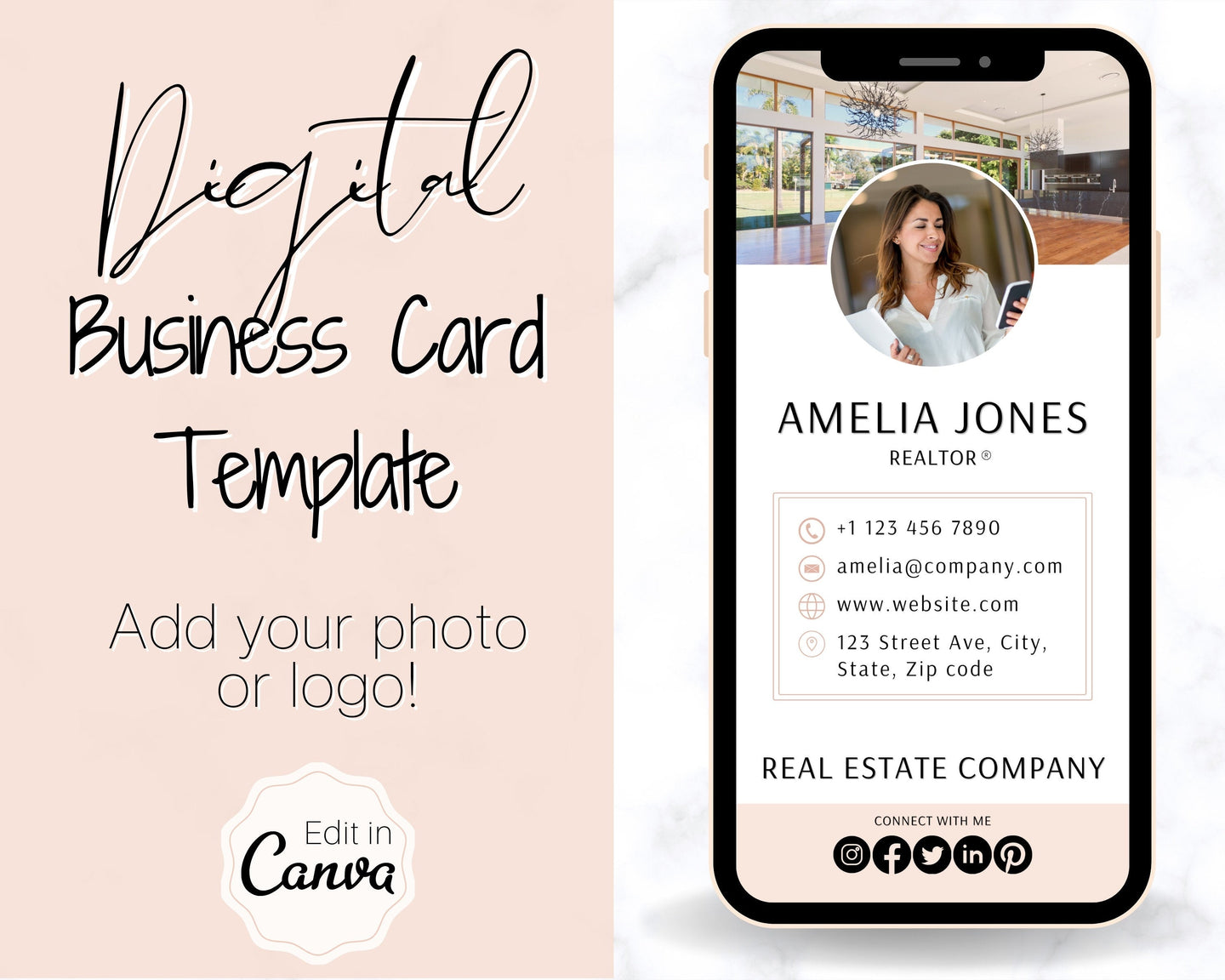 Digital Business Card Template. DIY add logo & photo! Editable Canva Design. Modern, Realtor Marketing, Real Estate, Realty Professional | Pink Style 1