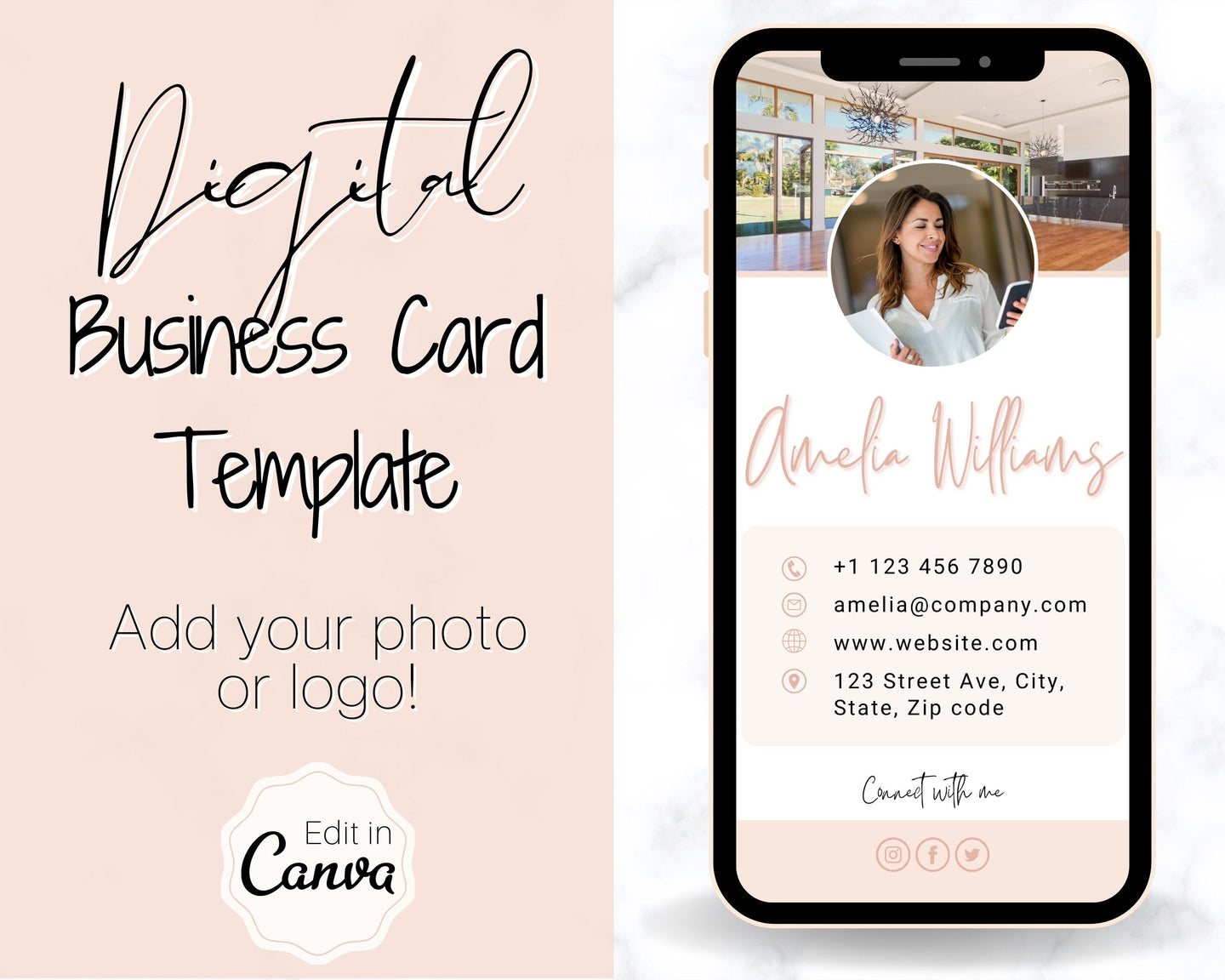 Digital Business Card Template. DIY add logo & photo! Editable Canva Design. Modern, Realtor Marketing, Real Estate, Realty Professional | Pink Style 4
