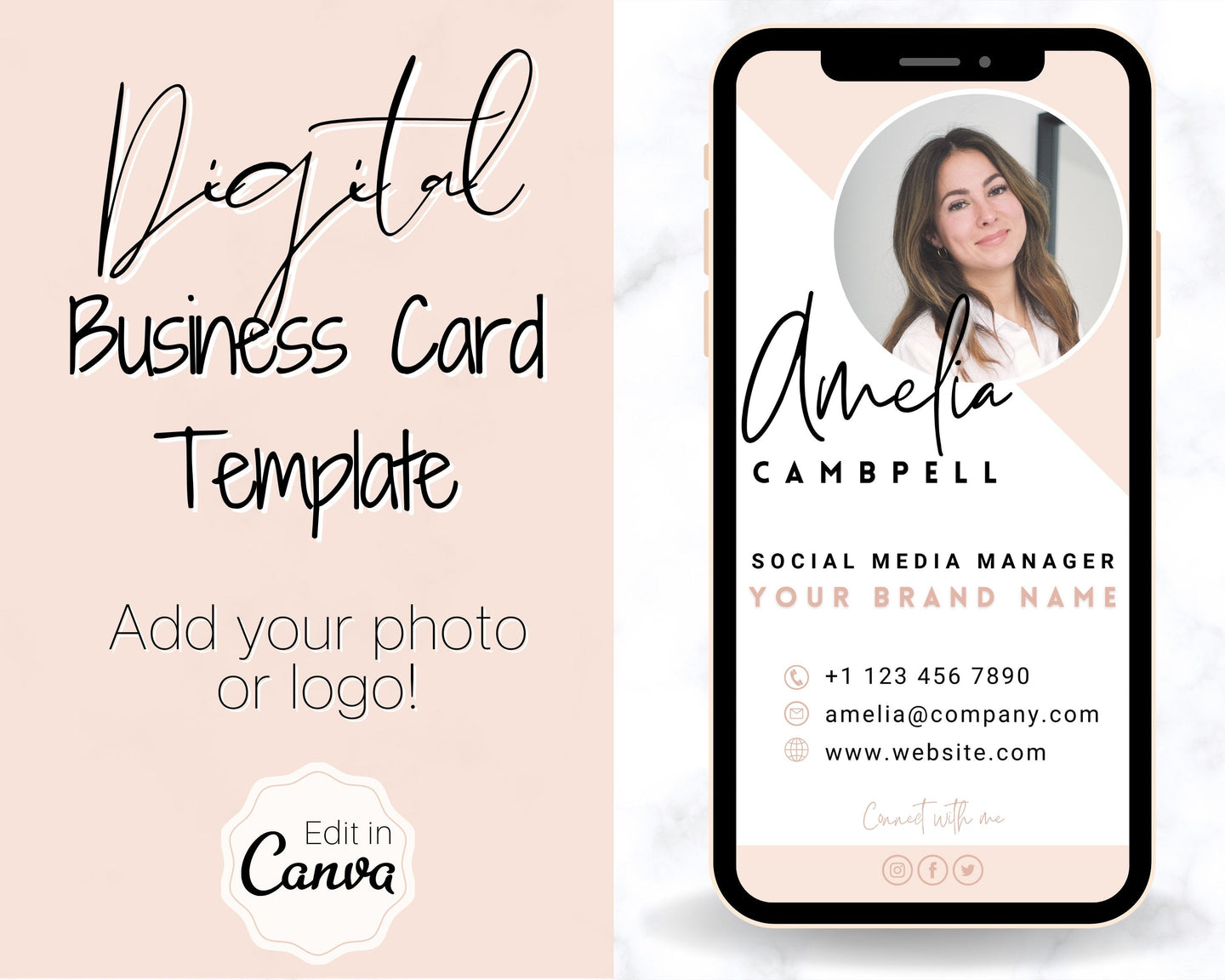 Digital Business Card Template. DIY add logo & photo! Editable Canva Design. Modern, Realtor Marketing, Real Estate, Realty Professional | Pink Style 5