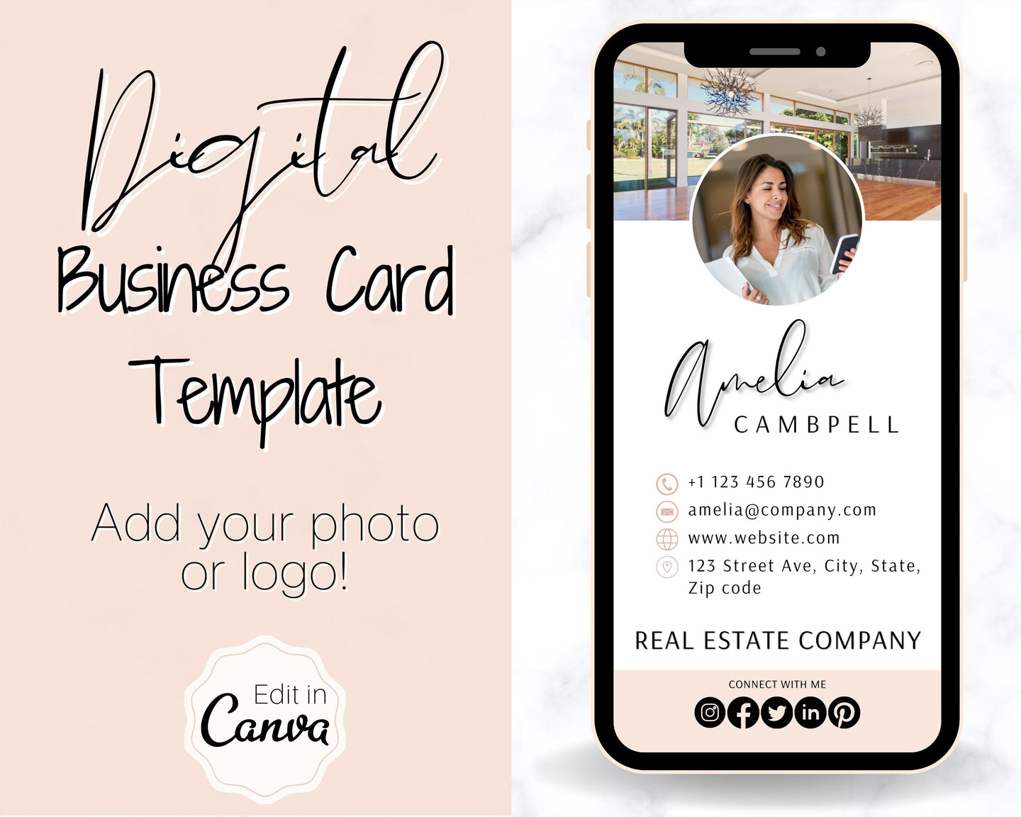 Digital Business Card Template. DIY add logo & photo! Editable Canva Design. Modern, Realtor Marketing, Real Estate, Realty Professional | Pink Style 7