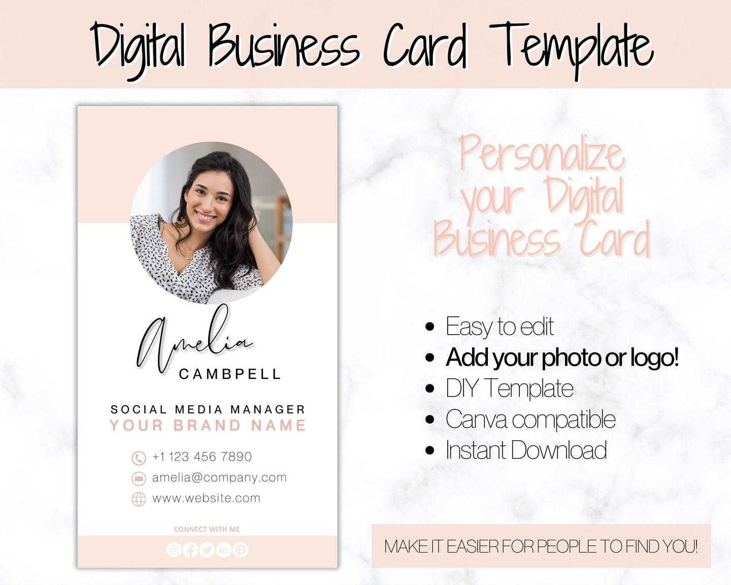 Digital Business Card Template. DIY add logo & photo! Editable Canva Design. Modern, Realtor Marketing, Real Estate, Realty Professional | Pink Style 9