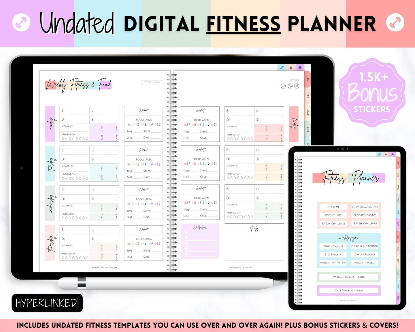 Digital FITNESS planner, GoodNotes Fitness Planner, Fitness Journal, Weight Loss Tracker, UNDATED iPad Workout Planner, Wellness Template | Pastel Rainbow