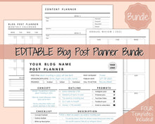 Load image into Gallery viewer, EDITABLE Blog Post Planner Templates! Blogger Bundle! Blog Planner, Content Strategy, Blogging Kit, Content Creator, Social Media
