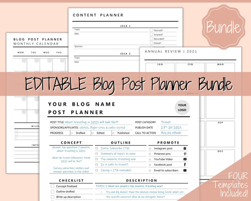 EDITABLE Blog Post Planner Templates! Blogger Bundle! Blog Planner, Content Strategy, Blogging Kit, Content Creator, Social Media