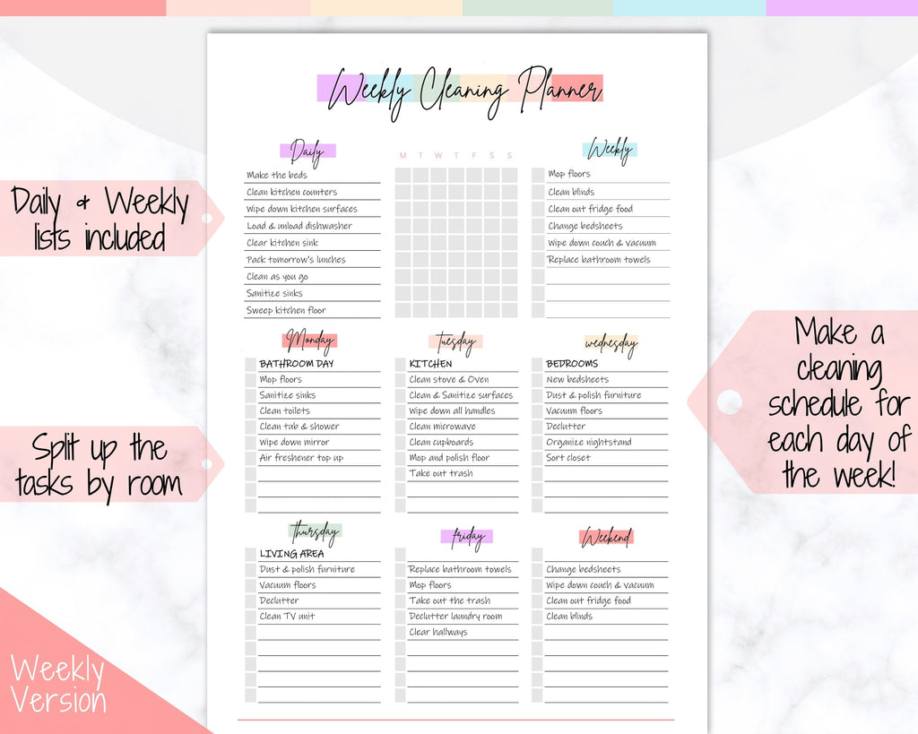 Editable Cleaning Planner | Rainbow Cleaning Checklist Planner