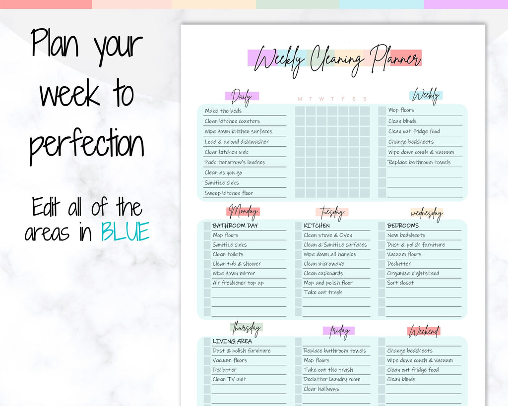 Editable Cleaning Planner | Rainbow Cleaning Checklist Planner