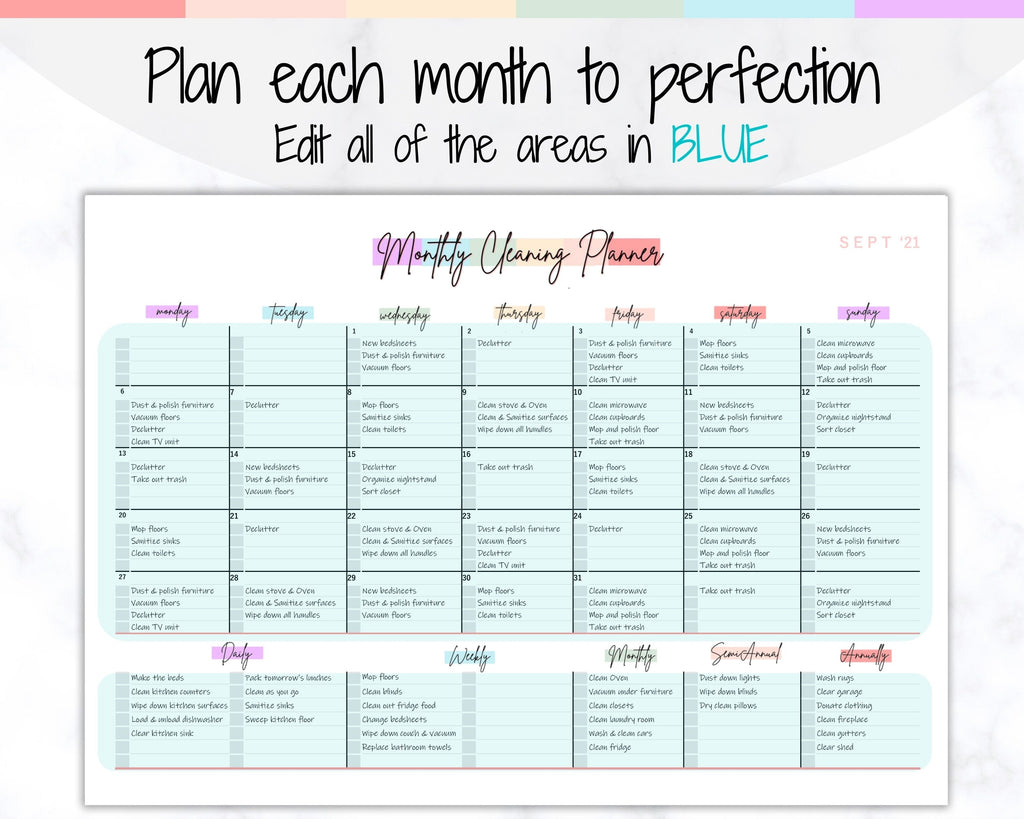 Editable Cleaning Planner | Rainbow Cleaning Checklist Planner
