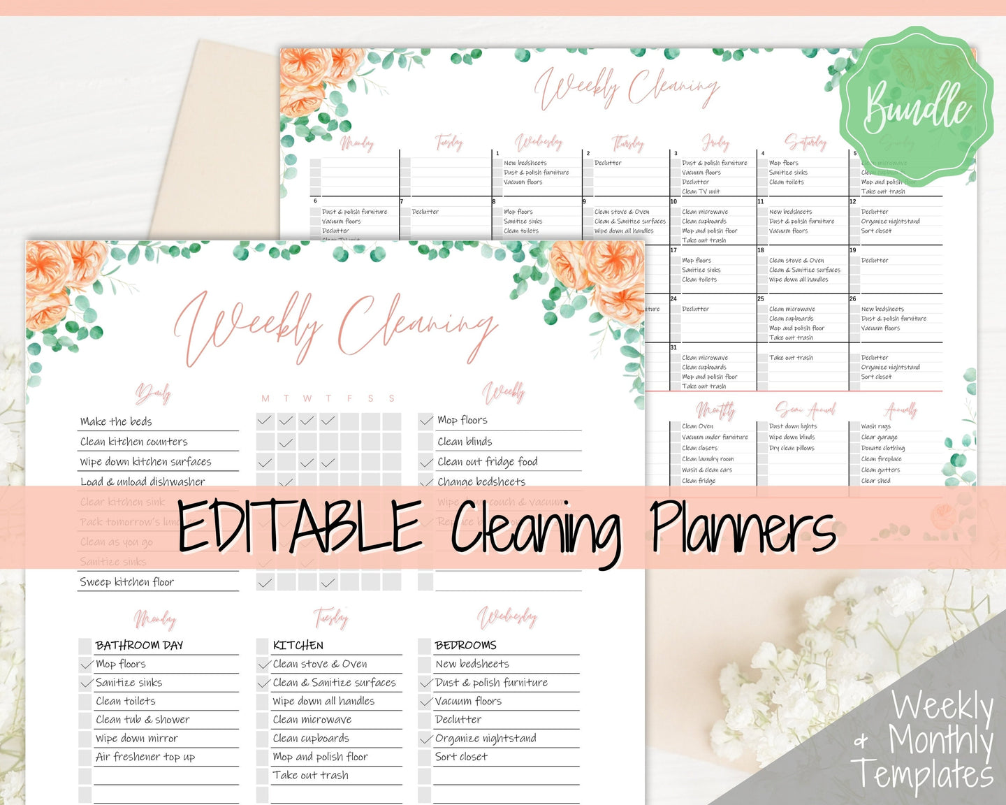 EDITABLE Cleaning Planner, EDITABLE Cleaning Checklist, Cleaning Schedule, Weekly House Chores, Clean Home Routine, Monthly Cleaning List | Flower