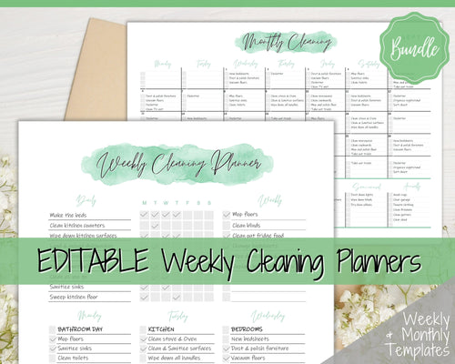 EDITABLE Cleaning Planner, EDITABLE Cleaning Checklist, Cleaning Schedule, Weekly House Chores, Clean Home Routine, Monthly Cleaning List | Green