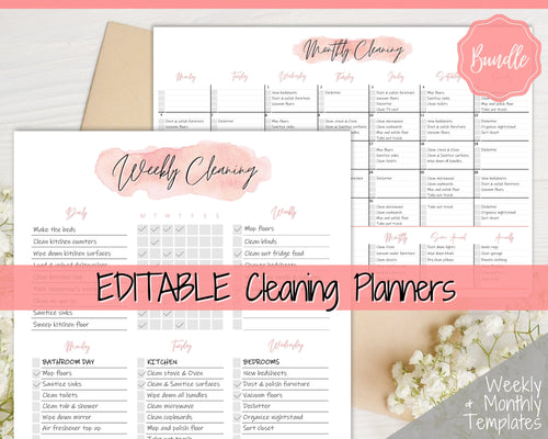 EDITABLE Cleaning Planner, EDITABLE Cleaning Checklist, Cleaning Schedule, Weekly House Chores, Clean Home Routine, Monthly Cleaning List | Pink