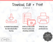 Load image into Gallery viewer, EDITABLE Cleaning Planner, EDITABLE Cleaning Checklist, Cleaning Schedule, Weekly House Chores, Clean Home Routine, Monthly Cleaning List | Style 1
