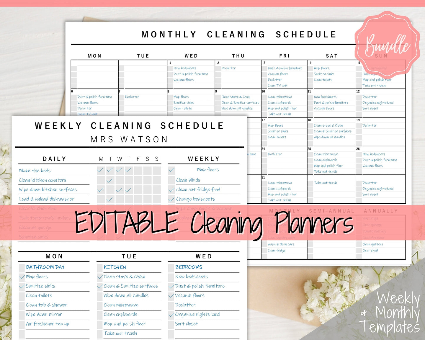 EDITABLE Cleaning Planner, EDITABLE Cleaning Checklist, Cleaning Schedule, Weekly House Chores, Clean Home Routine, Monthly Cleaning List | Style 1