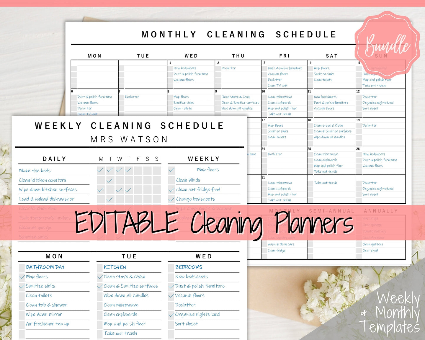 EDITABLE Cleaning Planner, EDITABLE Cleaning Checklist, Cleaning Schedule, Weekly House Chores, Clean Home Routine, Monthly Cleaning List | Style 1