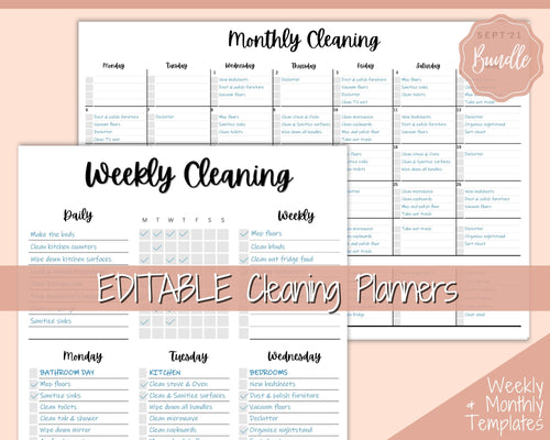 EDITABLE Cleaning Planner, EDITABLE Cleaning Checklist, Cleaning Schedule, Weekly House Chores, Clean Home Routine, Monthly Cleaning List | Style 2
