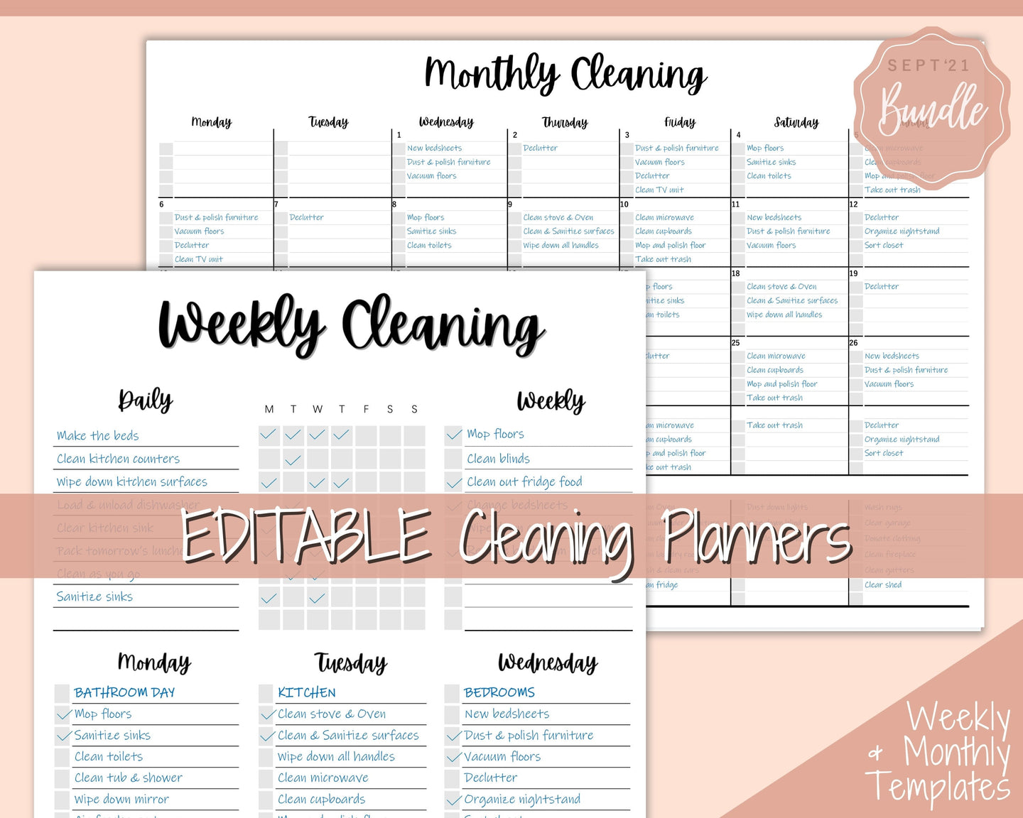 EDITABLE Cleaning Planner, EDITABLE Cleaning Checklist, Cleaning Schedule, Weekly House Chores, Clean Home Routine, Monthly Cleaning List | Style 2