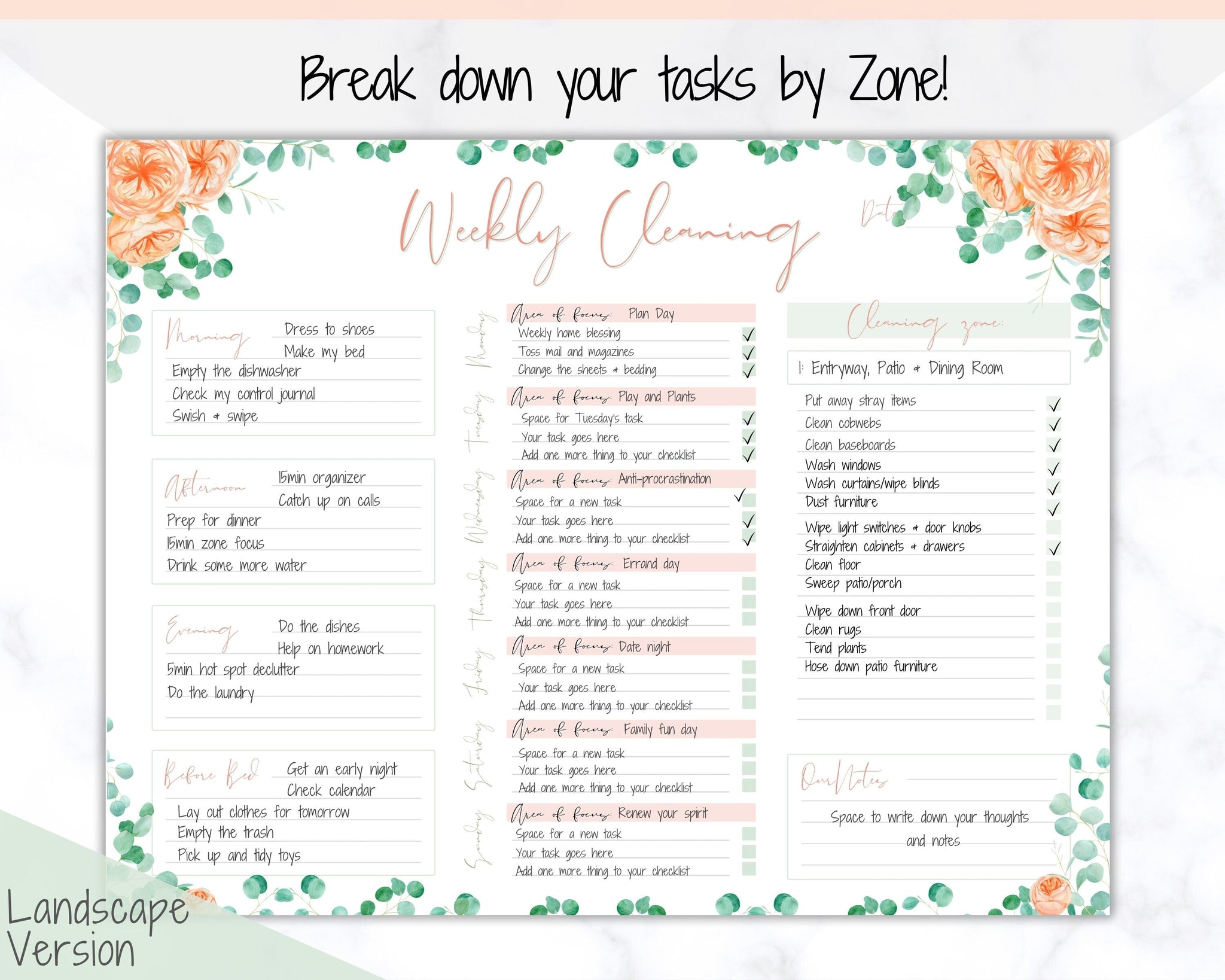 FLY LADY Cleaning Schedule Printable | Portrait &amp; Landscape - Flower