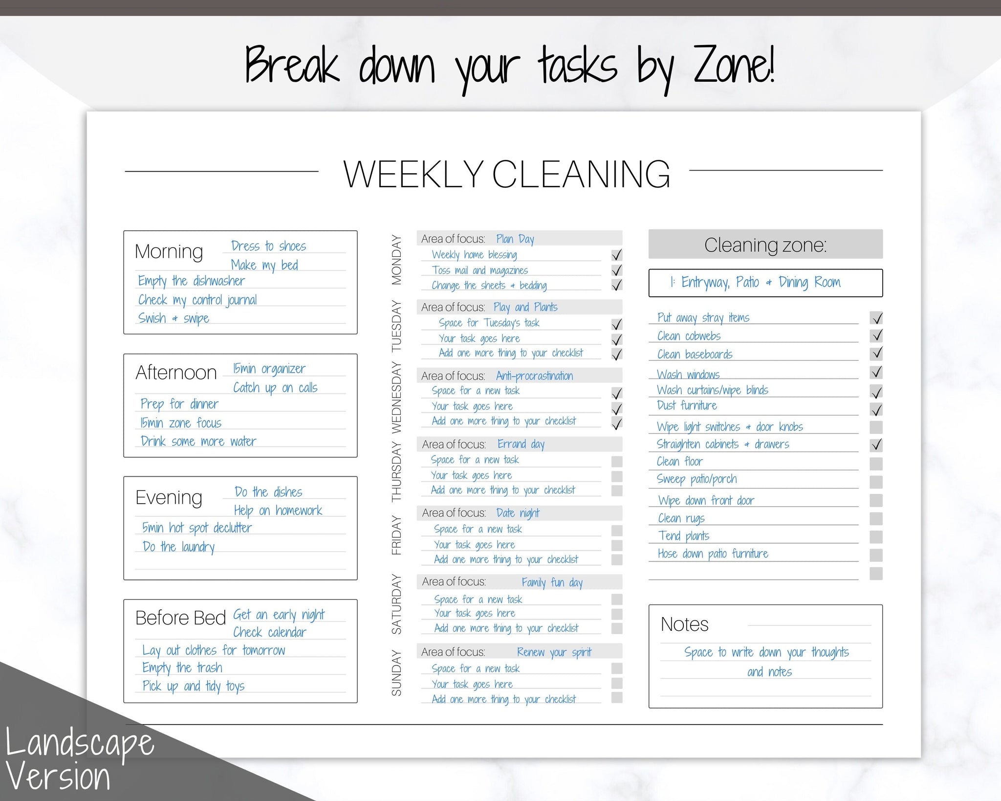 FLY LADY Cleaning Schedule Printable Portrait Landscape Mono