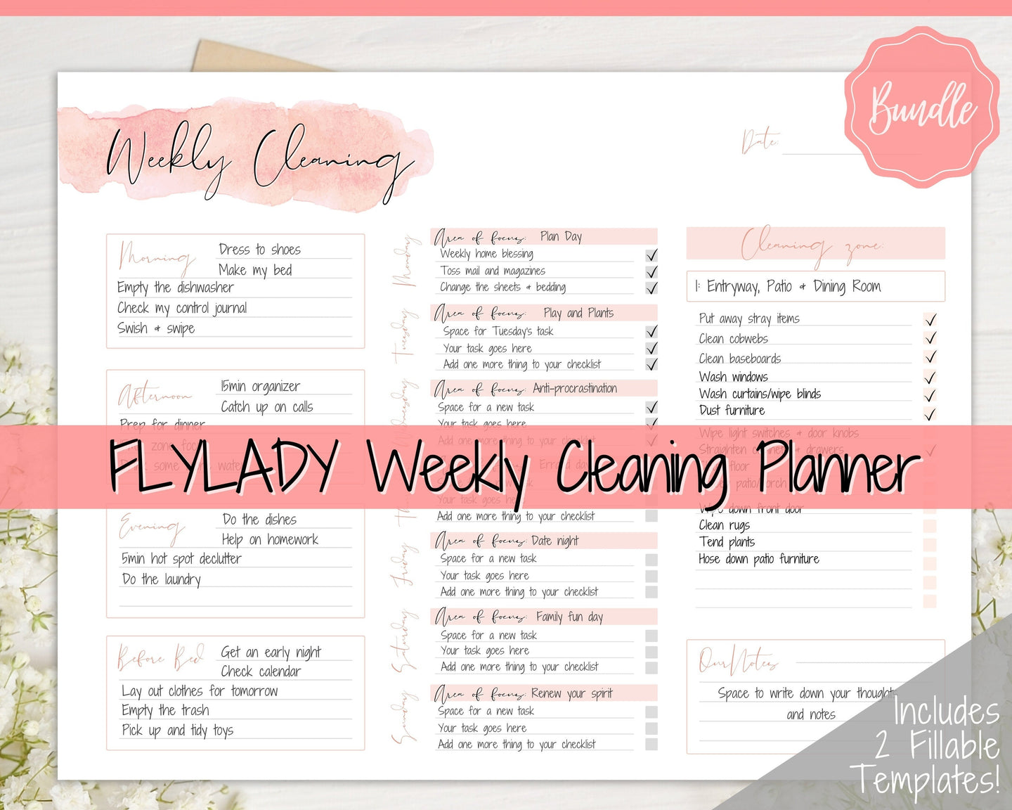 EDITABLE Cleaning Schedule, FLYLADY Daily Routine, Cleaning Checklist, Cleaning Planner, Weekly House Chore, Control Journal, Fly Lady Zones | Landscape & Portrait - Pink