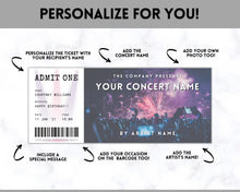 Load image into Gallery viewer, EDITABLE Concert Ticket Template, Surprise Getaway gift, Invitation, Birthday for her, Anniversary Gift for him, Musical Event, Theatre Show | Style 2
