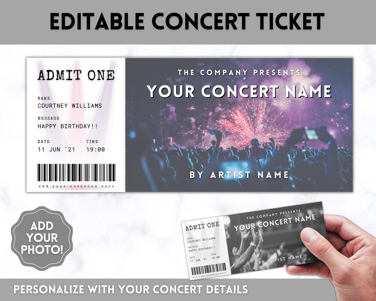 EDITABLE Concert Ticket Template, Surprise Getaway gift, Invitation, Birthday for her, Anniversary Gift for him, Musical Event, Theatre Show | Style 2