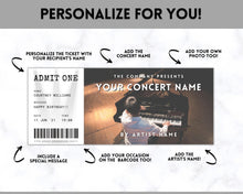 Load image into Gallery viewer, EDITABLE Concert Ticket Template, Surprise Getaway gift, Invitation, Birthday for her, Anniversary Gift for him, Musical Event, Theatre Show | Style 3
