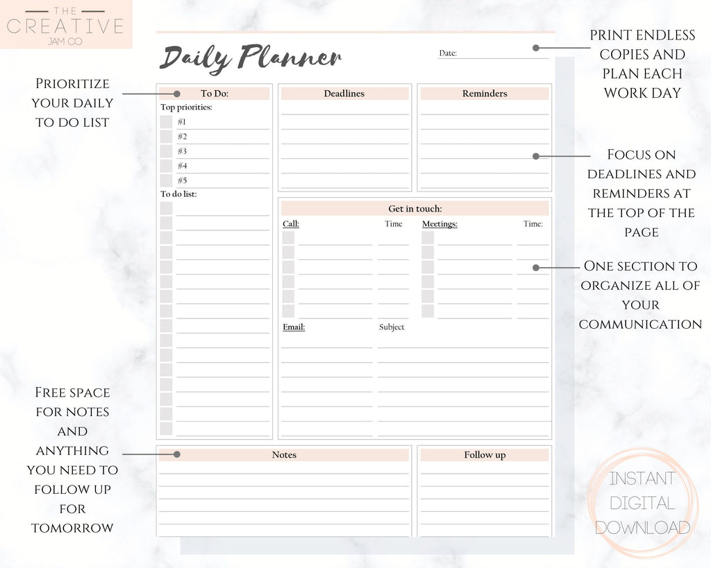 Daily Work Planner | To Do List | Printable Productivity Planner