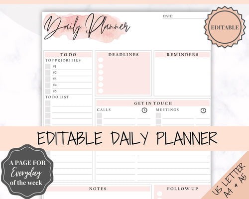 EDITABLE DAILY PLANNER | To Do List | Printable Productivity Day Planner for Work | Work Day Diary Insert | Template | Pdf, Excel | Organize