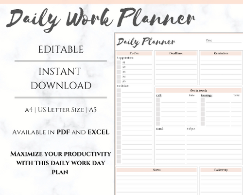 EDITABLE DAILY PLANNER | To Do List | Printable Productivity Day Planner for Work | Work Day Diary Insert | Template | Pdf, Excel | Organize