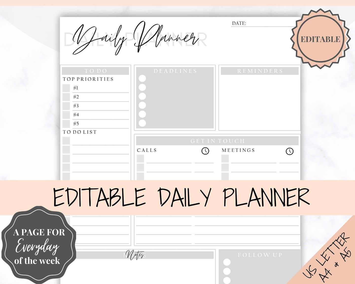 EDITABLE DAILY PLANNER | To Do List | Printable Productivity Day Planner for Work | Work Day Diary Insert | Template | Pdf, Excel | Organize