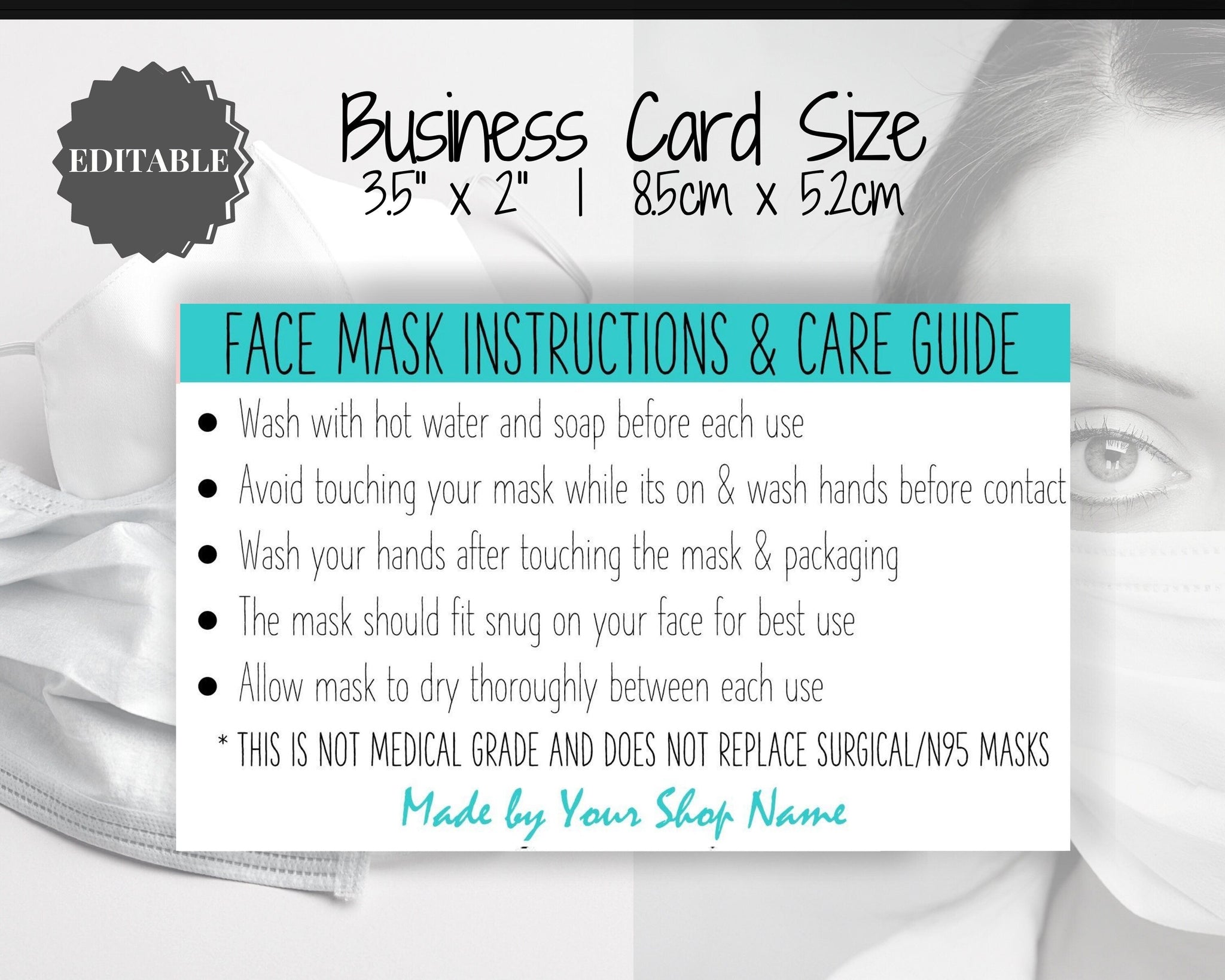 EDITABLE Face Mask Label Care Card Instructions | Aqua