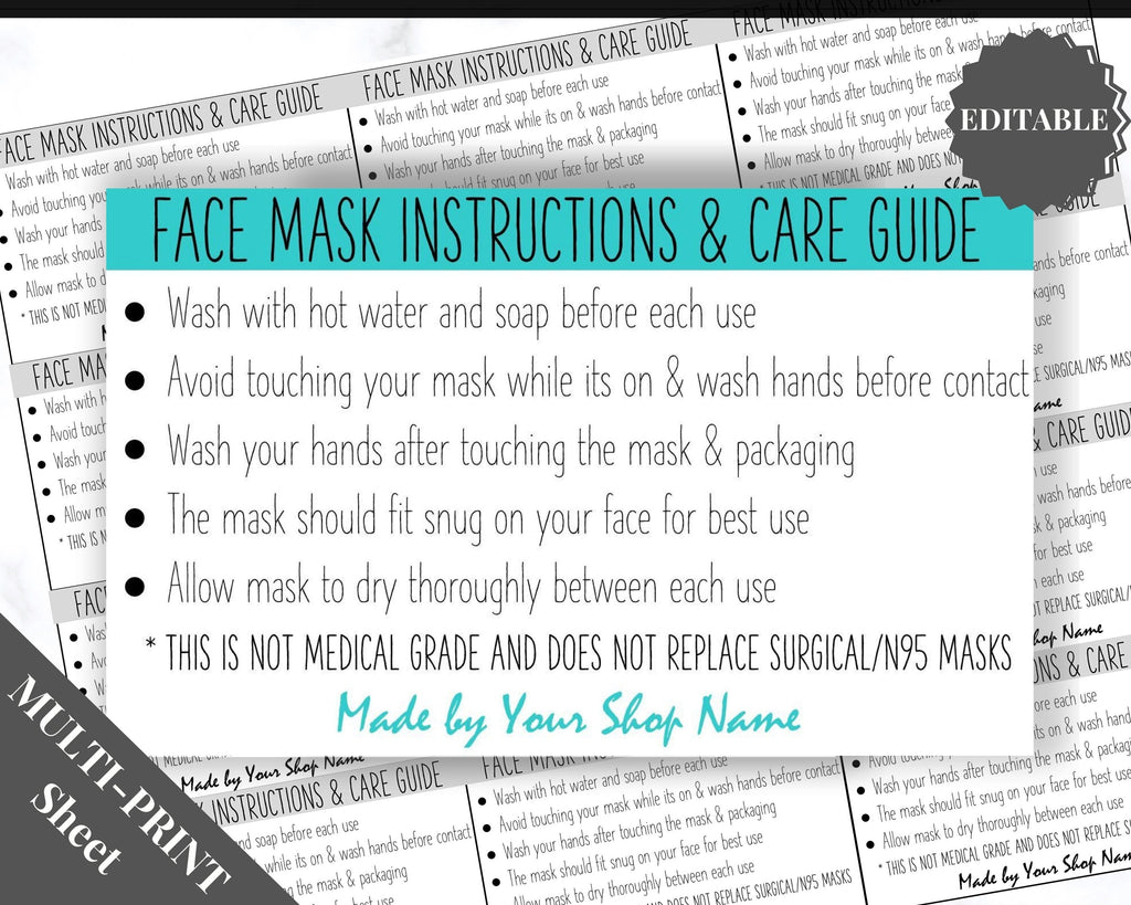 EDITABLE Face Mask Label Care Card Instructions | Aqua