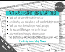 Load image into Gallery viewer, EDITABLE Face Mask LABEL Care Card, How to Handle Order Card, Face Mask Instructions, Business Card Labels, Mask Seller, Package Label Tag | Aqua

