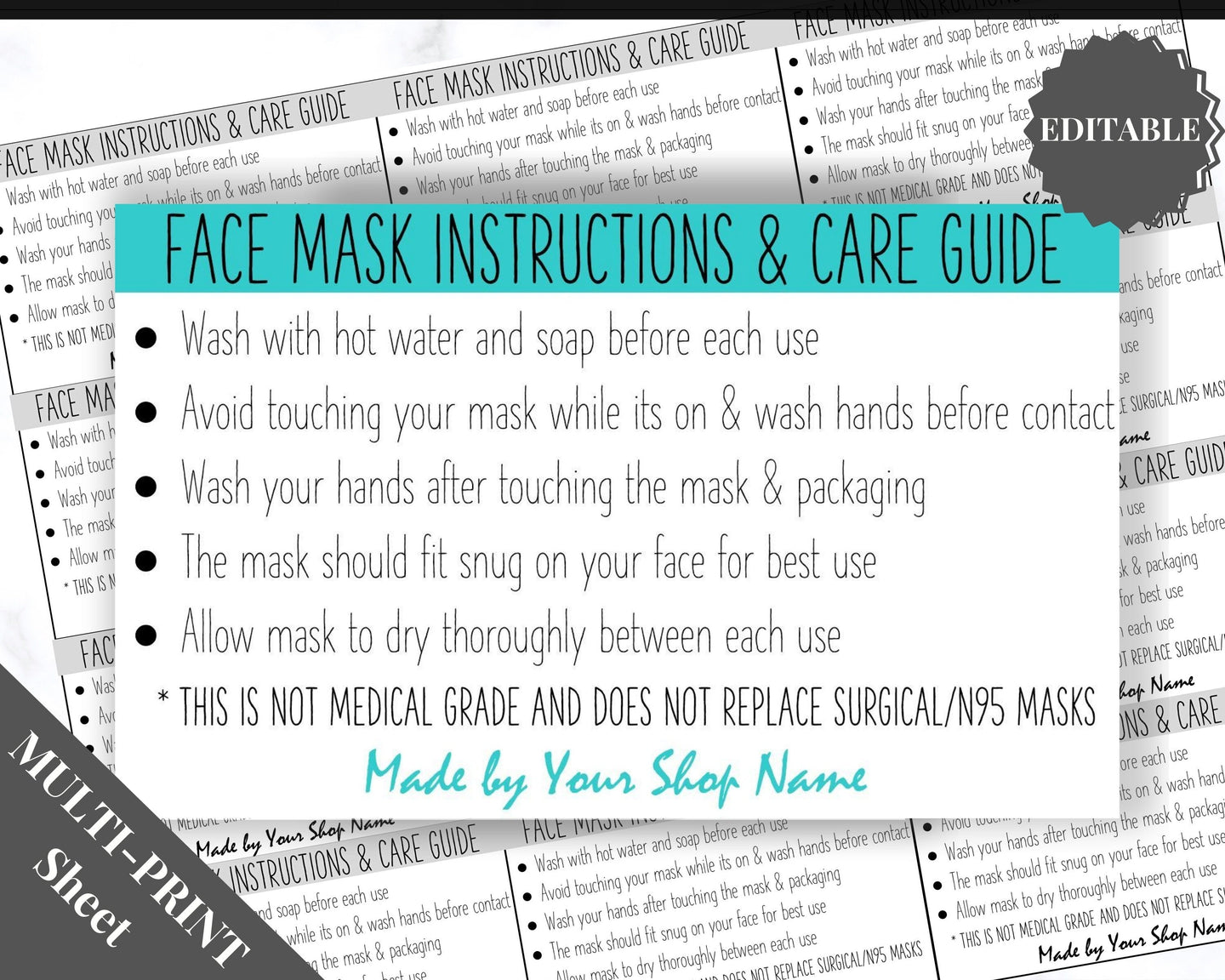 EDITABLE Face Mask LABEL Care Card, How to Handle Order Card, Face Mask Instructions, Business Card Labels, Mask Seller, Package Label Tag | Aqua