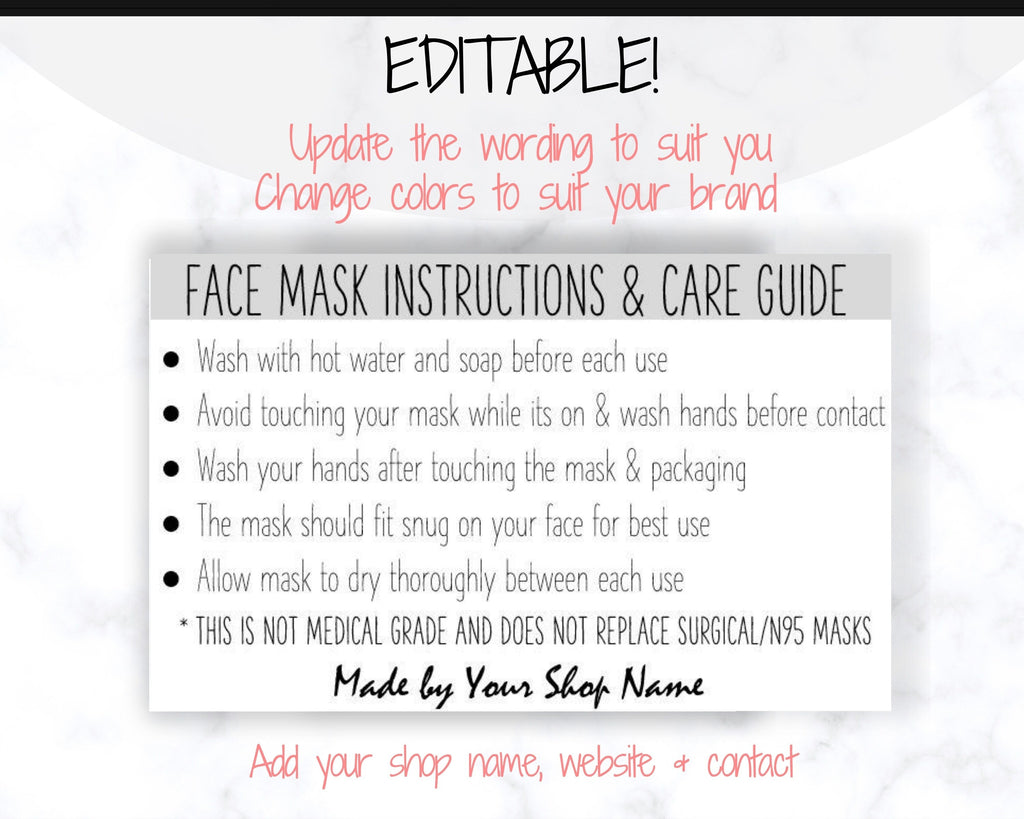 EDITABLE Face Mask Label Care Card Instructions | Grey