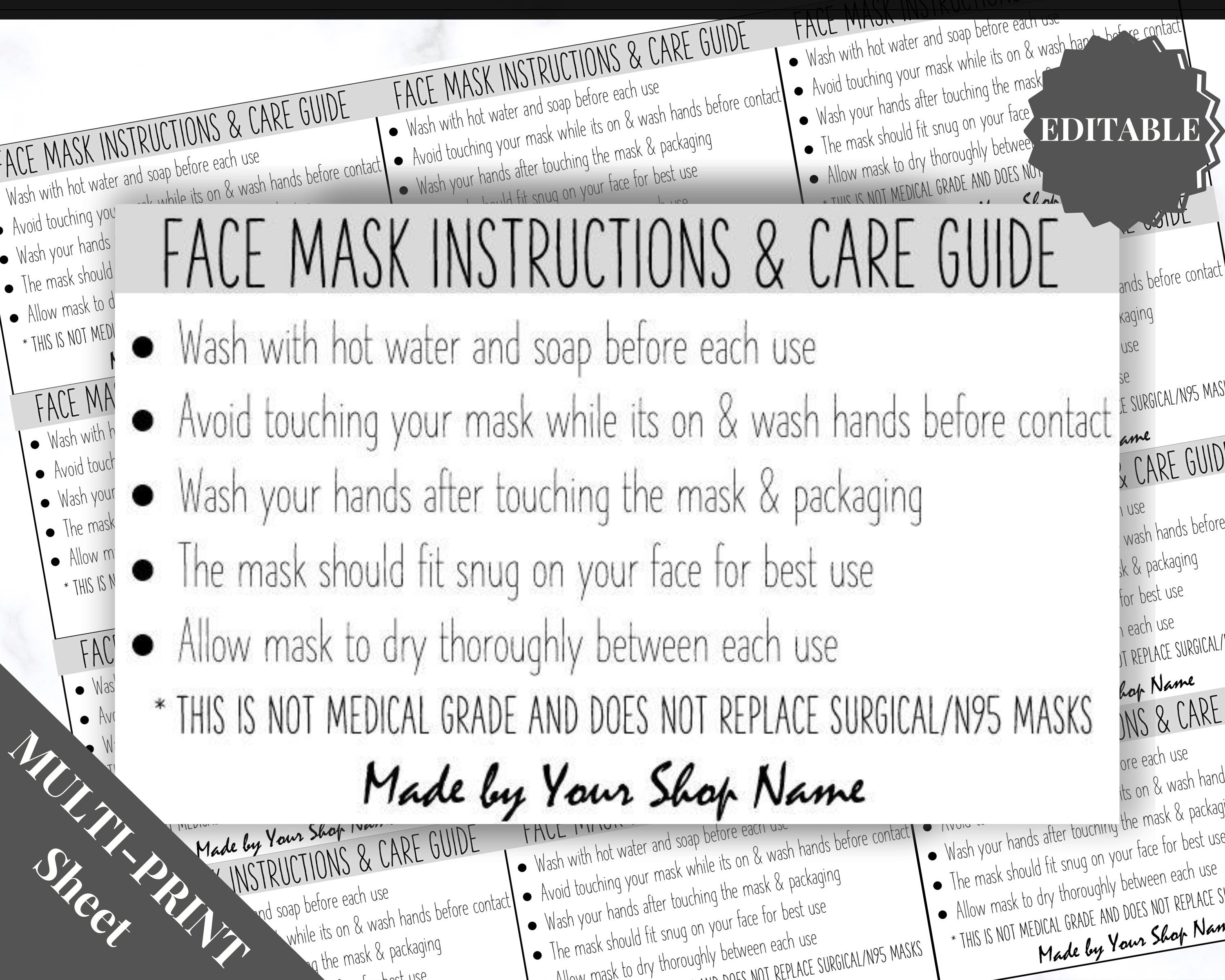 EDITABLE Face Mask Label Care Card Instructions | Grey