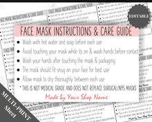 Load image into Gallery viewer, EDITABLE Face Mask LABEL Care Card, How to Handle Order Card, Face Mask Instructions, Business Card Labels, Mask Seller, Package Label Tag | Pink
