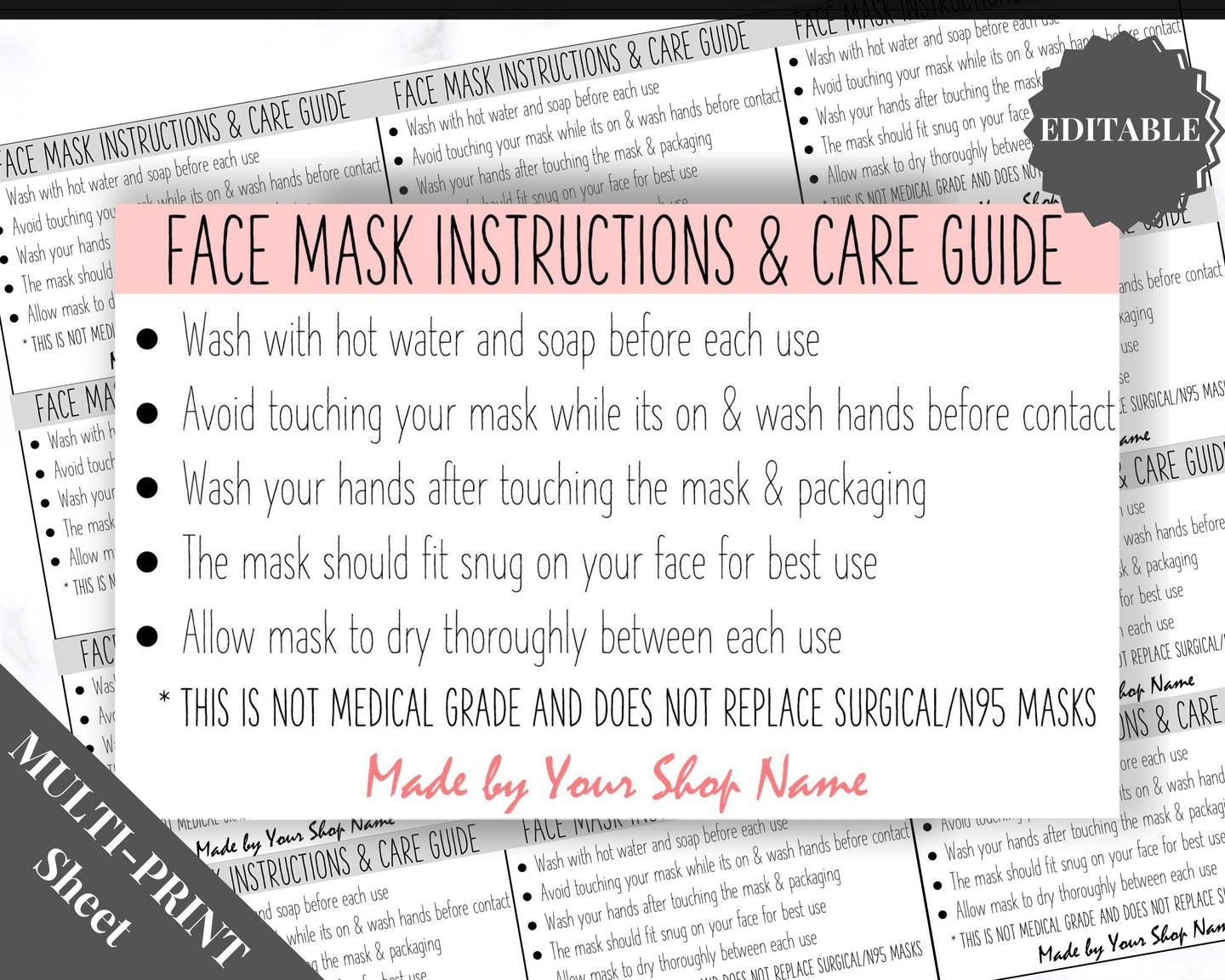 EDITABLE Face Mask LABEL Care Card, How to Handle Order Card, Face Mask Instructions, Business Card Labels, Mask Seller, Package Label Tag | Pink