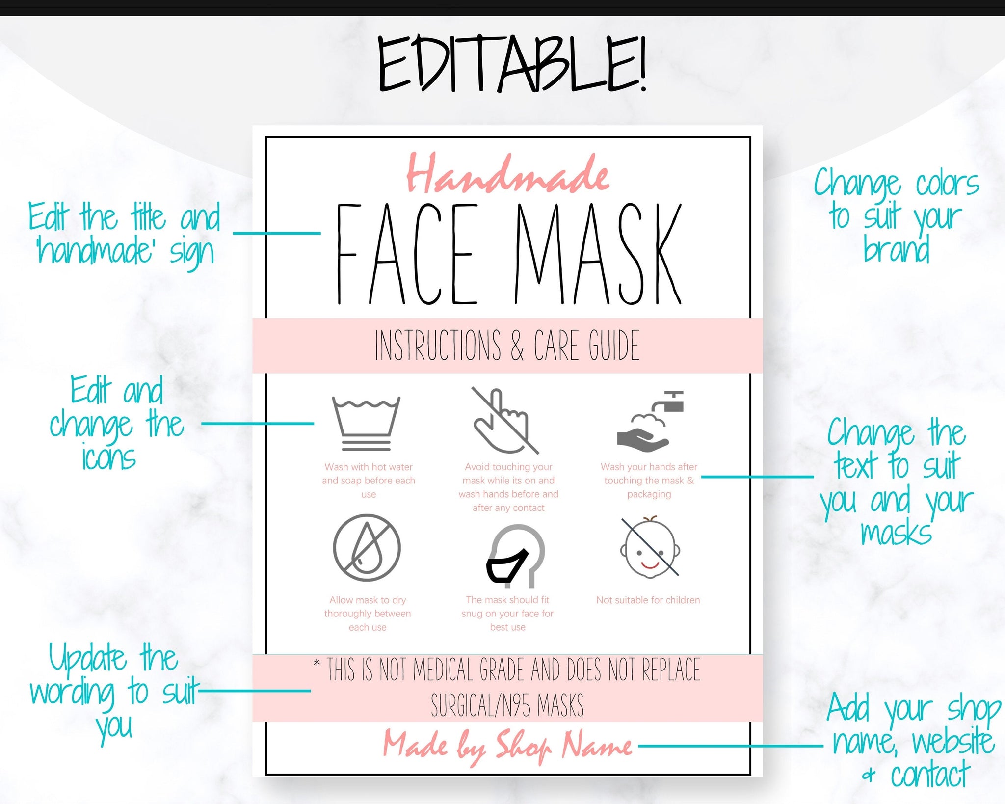 EDITABLE Face Mask Label Care Card Instructions | Multicolor Bundle