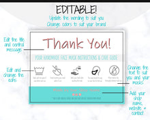 Load image into Gallery viewer, EDITABLE Face Mask Label Care Card, THANK YOU for Your Order Card, Face Mask Instructions, Business Labels, Mask Seller, Package Label Tag | Aqua &amp; Pink
