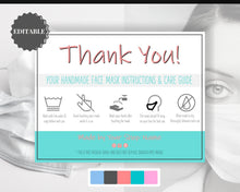 Load image into Gallery viewer, EDITABLE Face Mask Label Care Card, THANK YOU for Your Order Card, Face Mask Instructions, Business Labels, Mask Seller, Package Label Tag | Aqua &amp; Pink
