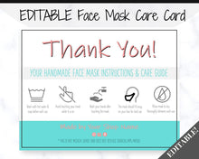 Load image into Gallery viewer, EDITABLE Face Mask Label Care Card, THANK YOU for Your Order Card, Face Mask Instructions, Business Labels, Mask Seller, Package Label Tag | Aqua &amp; Pink
