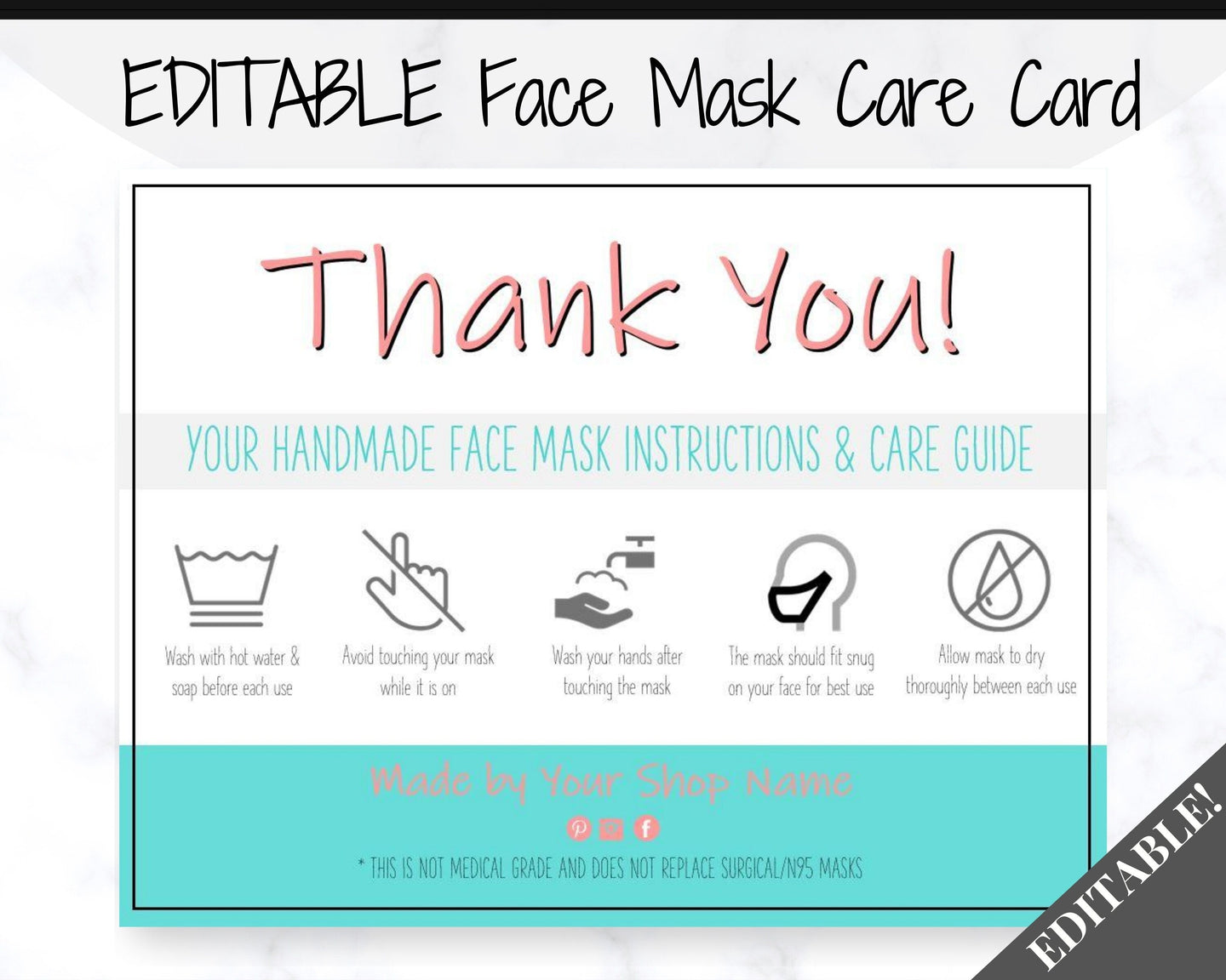 EDITABLE Face Mask Label Care Card, THANK YOU for Your Order Card, Face Mask Instructions, Business Labels, Mask Seller, Package Label Tag | Aqua & Pink